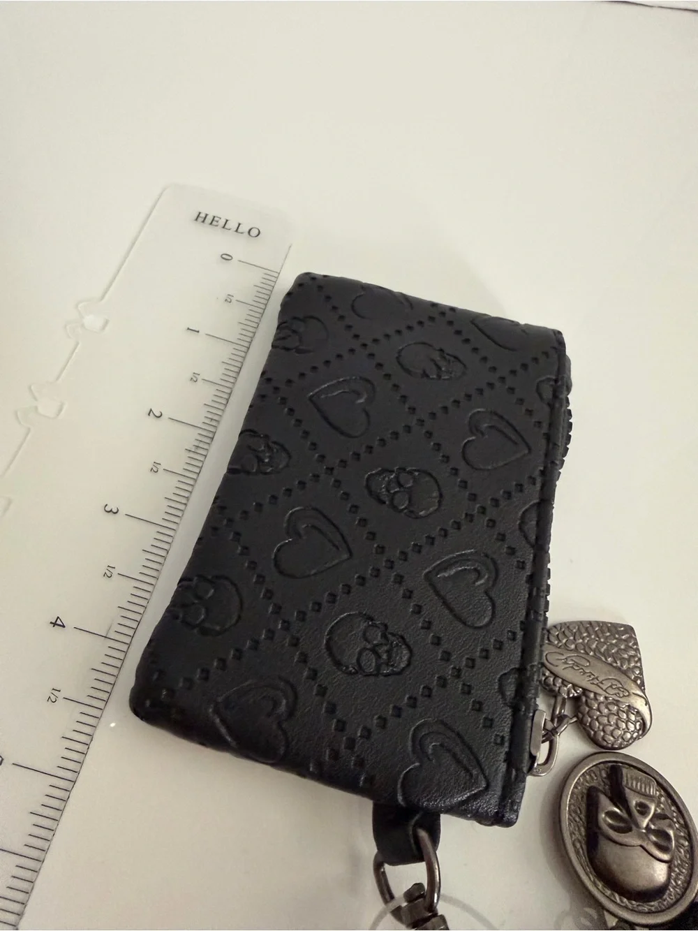 Ed Hardy Black Faux Leather Detachable Wristlet Keychain Pouch Hearts Skulls